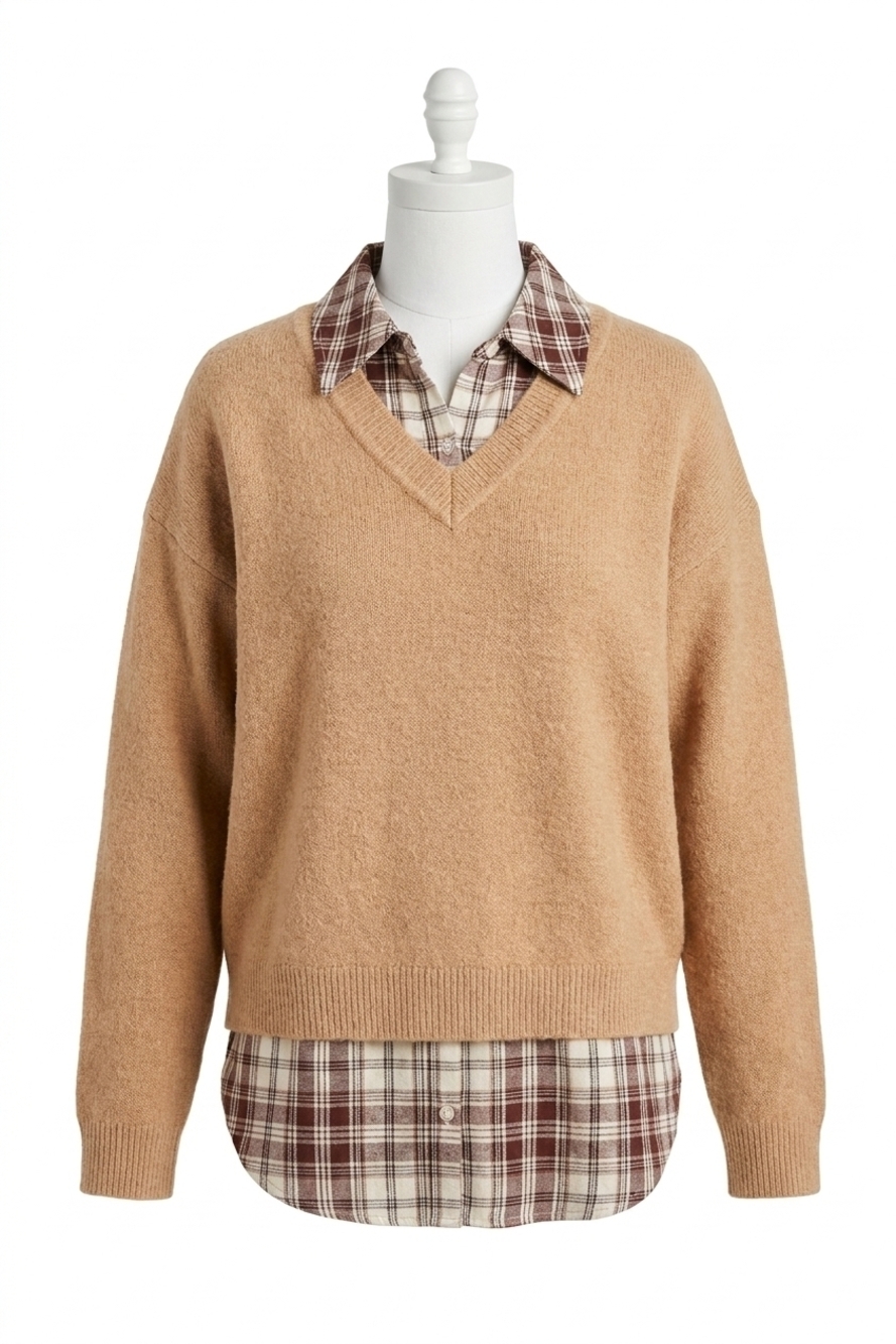 NEW HEM & THREAD plaid contrast mixed v-neck sweater in burgundy plaid /tan